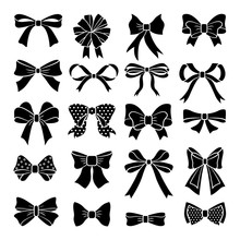 Monochrome Vector Bows And Ribbons Set. Holiday Illustrations Isolate