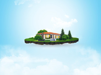 3d illustration of a soil slice, house on a green meadow with trees isolated on sky background