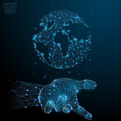 Fototapete - Abstract image of a planet earth in the palm in the form of a starry sky or space, consisting of points, lines, and shapes in the form of planets, stars and the universe. Vector business