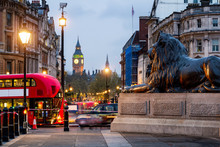 Street View Of Trafalgar Square Towards Big Ben At Night In London, UK