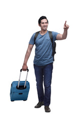 Poster - Happy asian traveler with backpack and suitcase pointing something