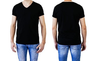 Shirt design and people concept - closeup of young man in blank V-neck short sleeve black tshirt front and rear isolated. Mock up template for design print