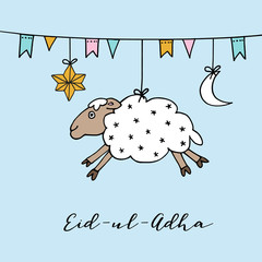 Wall Mural - Eid-ul-adha greeting card with hand drawn sheep, moon, star and flags. Muslim community festival of sacrifice. Vector illustration background.