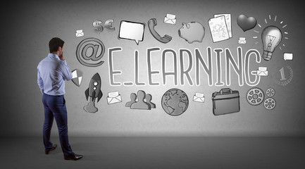 Wall Mural - Businessman watching e-learning sketch on a wall 3D rendering