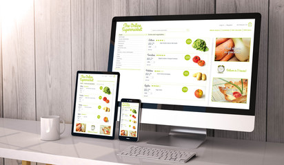 Wall Mural - devices responsive on workspace online groceries design