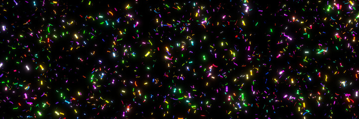 glitter background - flying colourful shiny glitter confetti stripes lit by bright spotlights (banner format 3x1)