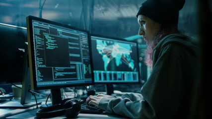 Aufkleber - Nonconformist Teenage Hacker Girl Using her Computer to Organize Malware Attack on Global Scale. She's in Underground Secret Location Surrounded by Displays and Cables.
