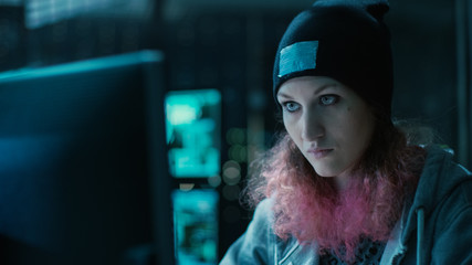 Aufkleber - Nonconformist Teenage Hacker Girl with Pink Hair Attacks Corporate Servers with Malware. Room is Dark, Neon and Has Many Displays.