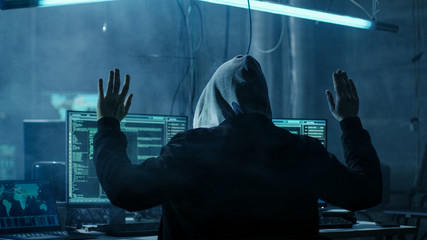 Aufkleber - Hacker with Rised Handed. He is being arrested. Hideout is Dark and Full of Computer Equipment.