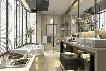 3d rendering modern classic bathroom with luxury tile decor with nice view from window