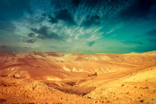 Mountainous Desert With Colorful Cloudy Sky. Judean Desert In Israel At Sunset