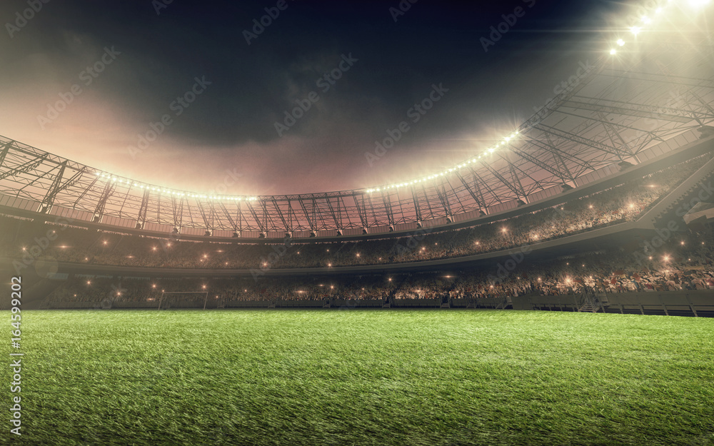 soccer stadium at night with illumination lights and dramatic sky - obrazy, fototapety, plakaty 