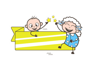 Wall Mural - Laughing Granny with Baby and Banner Vector Illustration