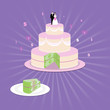 © dafna - wedding costs- an illostration of wedding cake made out of dollars, with a green slice on the side,  bride and groom on the top