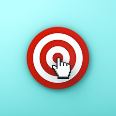 Aufkleber - Hand cursor clicking in the center of the red dart board or target isolated on green pastel color background with shadow . 3D rendering.