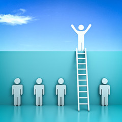 Fototapete - Stand out from the crowd and different concept , One man standing with arms wide open on top of the wall with ladder above other people on green pastel background with reflections . 3D rendering.