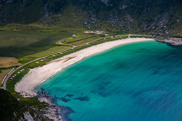 Wall Mural - Amazing view towards Haukland Beach on the Lofoten Islands during summer in Norway