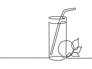 Wall Mural - Continuous line drawing. Lemonade in a glass with lemon and orange. Vector illustration black line on white background.