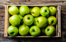 Box Of Fresh Green Apples. Harvest Concept. Top View
