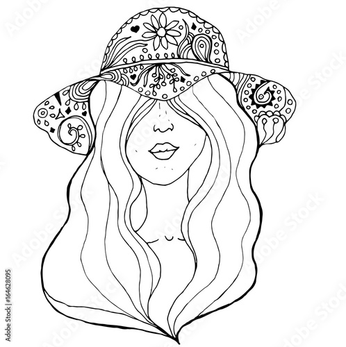 Young pretty girl with hairs wearing doodle hat. Fashion illustration