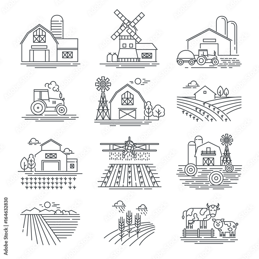 Farm and farming fields linear vector icons isolated on white background.  Farming and agriculture life concept. Harvester tractors and village  buildings. Thin black line style Stock Vector | Adobe Stock, image size:1000x1000