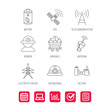 © tanyastock - Worker, minerals and engineering helm icons. GPS satellite, electricity station and factory linear signs. Telecommunication, battery icons. Report document, Graph chart and Calendar signs. Vector
