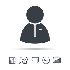 User icon. Human person symbol. Chat speech bubble, chart and presentation signs. Contacts and tick web icons. Vector