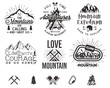Set of mountain climbing labels, mountains expedition emblems, vintage hiking silhouettes logos and design elements. retro letterpress style isolated. Wilderness patches, insignia
