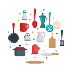 Wall Mural - Colorful kitchenware items over white background vector illustration