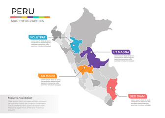  Peru map infographics vector template with regions and pointer marks