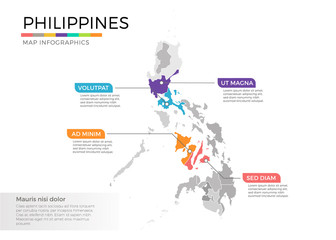  Philippines map infographics vector template with regions and pointer marks
