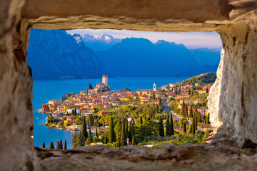 Poster - Malcesine and Lago di Garda aerial view through stone window