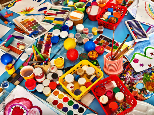 Kindergarten Tables With Painting Brush Preschool Class Waiting