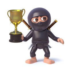 Wall Mural - 3d Funny cartoon ninja assassin warrior character holding a gold cup trophy award