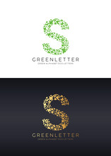 Green Letter S Logo Template With Green Leafs. Eco Design Element. Vector Illustration. 