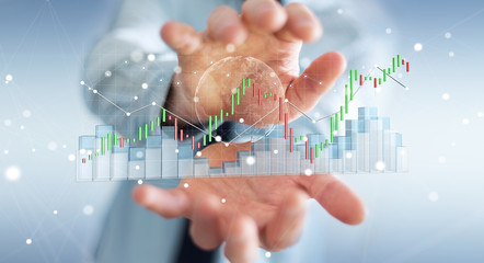 Aufkleber - Businessman using digital 3D rendered stock exchange stats and charts