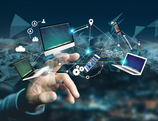 Wall Mural - computer and devices displayed on a futuristic interface with interantional network - multimedia and