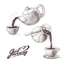 Vector Sketch Illustration Of Fresh Brewed Hot And Flavored Morning Coffee From Turks And Tea From Teapot Poured Into Cup. Drink With Splashes And Steam Pouring Into Bowl. Imitation Vintage Engraving.