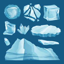 Set Of Ice Caps Snowdrifts And Icicles Elements Winter Decor Vector On Blue Background. Ice Cube With Transparency, 3d Vector Set. Snowy Elements On White Background. Template In Cartoon Style For