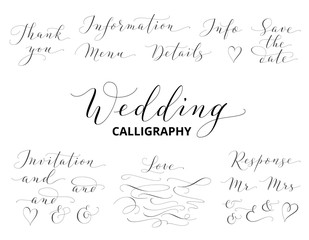 wedding hand written calligraphy set isolated on white. great for wedding invitations, cards, banner
