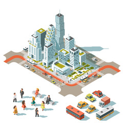 Wall Mural - Vector Isometric info graphic city streets with different buildings, houses, shops and skyscrapers. Transport and people. Low poly style.