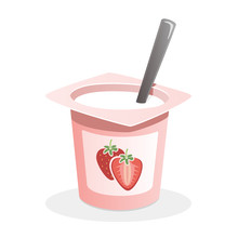 Strawberry Yogurt With Spoon Inside On White Background