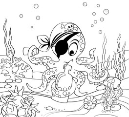 Wall Mural - Cartoon pirate octopus with bottle. Underwater world. Black and white vector illustration for coloring book