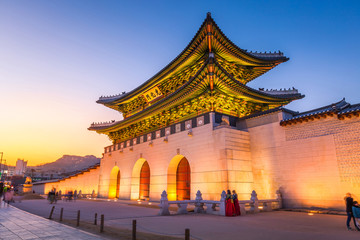 gyeongbokgung palace, front of gwanghuamun gate in downtown seoul, south korea. name of the palace '