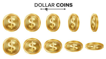 Dollar 3D Gold Coins Vector Set. Realistic Illustration. Flip Different Angles. Money Front Side. Investment Concept. Finance Coin Icons, Sign, Success Banking Cash Symbol. Currency Isolated On White