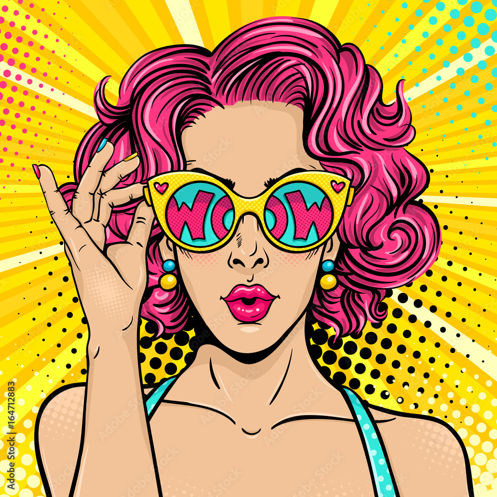 Wow pop art face. Sexy surprised woman with pink curly hair and open mouth holding sunglasses in her hand with inscription wow in reflection. Vector colorful background in pop art retro comic style. - obrazy, fototapety, plakaty 