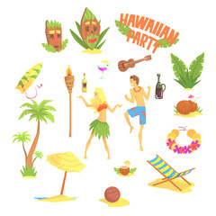 Canvas Print - Hawaiian party set, Hawaii symbols vector Illustrations