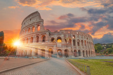 View Of Colosseum In Rome And Morning Sun, Italy, Europe.