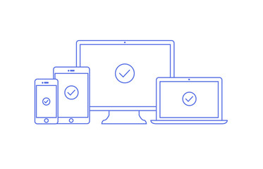 vector linear illustration of four devices for responsive web programming. computer laptop tablet an
