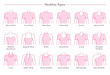 Vector illustration set of various neckline types for women's' fashion. Eighteen neck lines in pink color in flat linear style